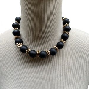 Chunky Black Wood Ball & Gold Tone Chain Choker Necklace 18” NWT